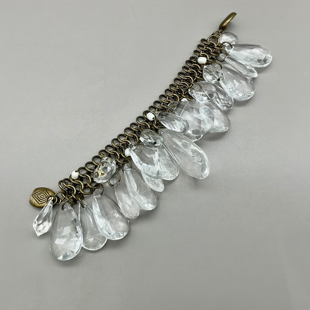 Bracelet Womens Clear Crystal Teardrop Dangle Antique Gold Tone Chunky 8 Inch
